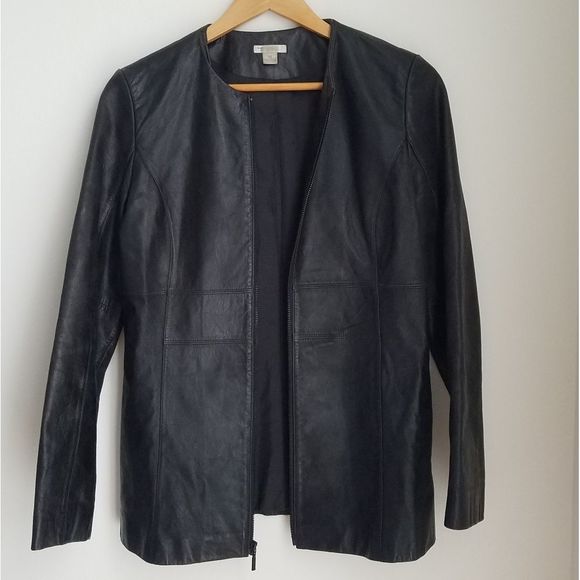Halogen Jackets & Blazers - HALOGEN Leather Collarless Motorcycle Jacket